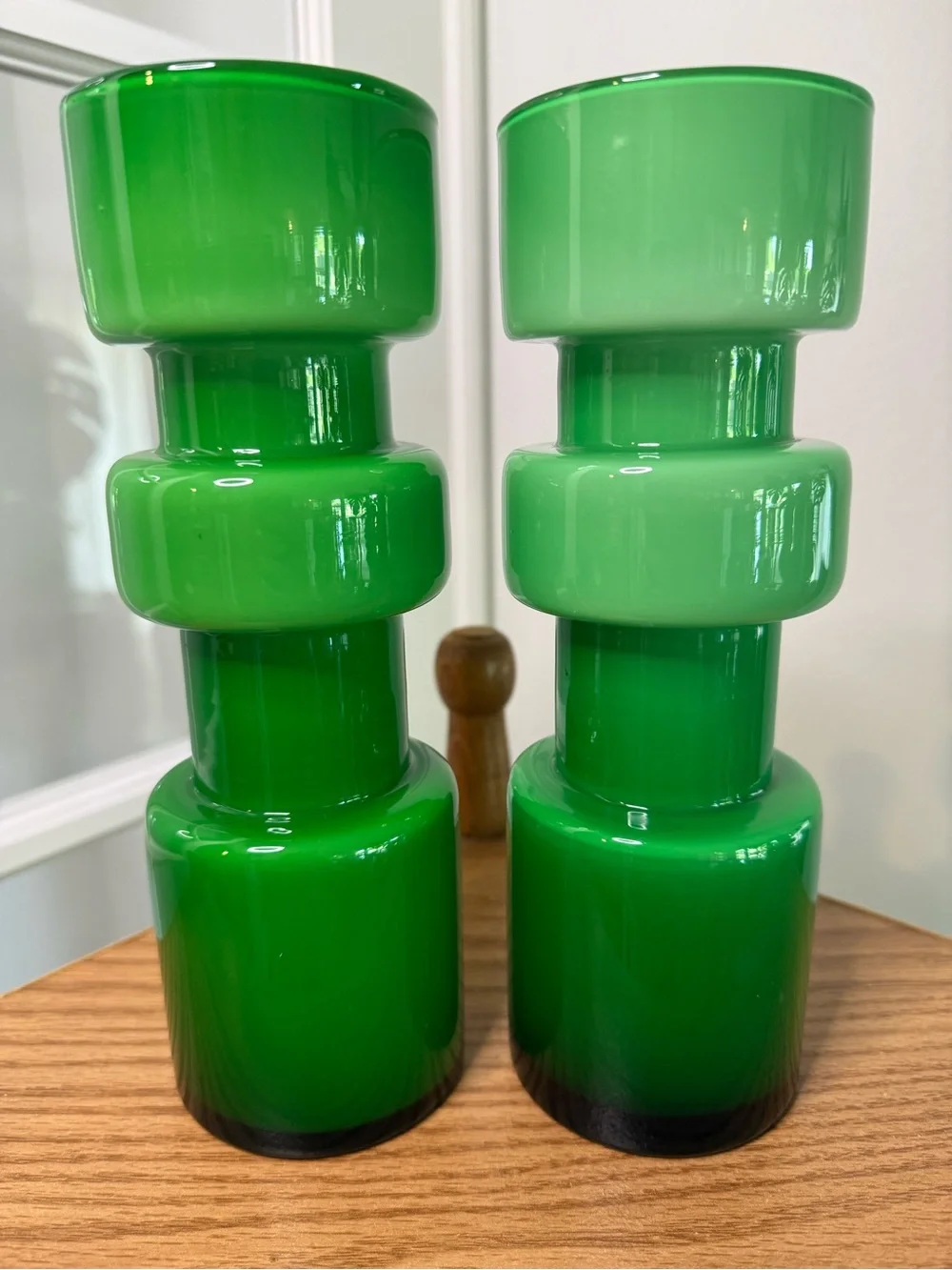 West Elm Green Glass Sculptural Decor/Vase/Candle Holder - Pair